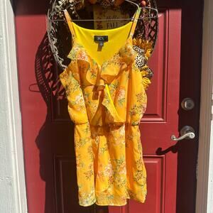 BCX Marigold Yellow Fall Floral Print Romper, Ruffle Neckline, lined, Size S